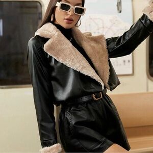 Teddy lined faux leather crop jacket